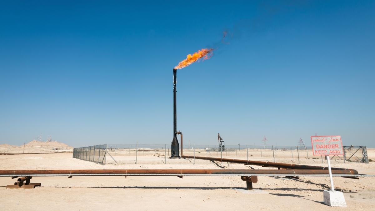A burning flare stack at an oil and gas field in the nation of Bahrain. The Export Import Bank of the United States, or EXIM, has granted export credit assistance to oil projects in the country, cutting against Biden administration policy.
