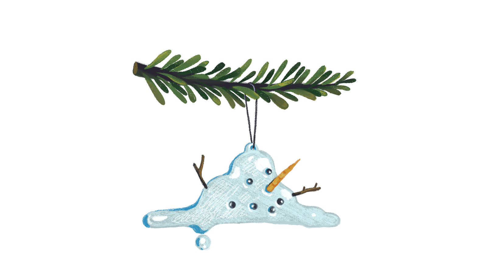 eine Illustration eines schmelzenden Schneemanns auf einem Tannenzweig