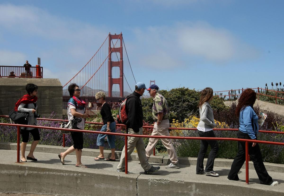 People walking on a san francisco sidewalk with the golden gate bridge in the background