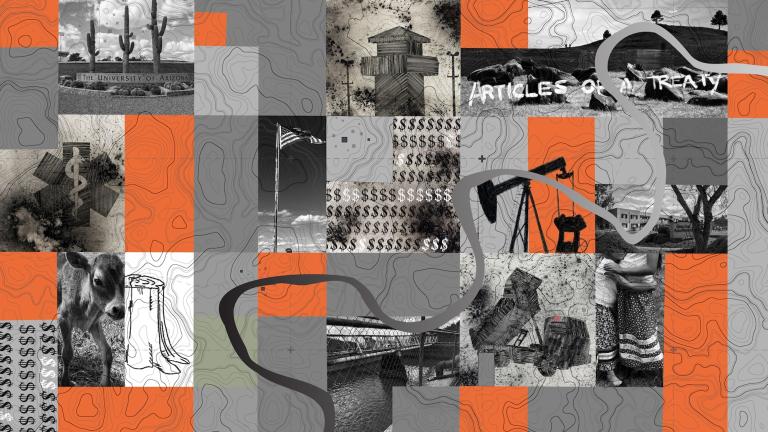 A collage with a grid-like geometric pattern with orange blocks and photos of people, land, rivers, and money