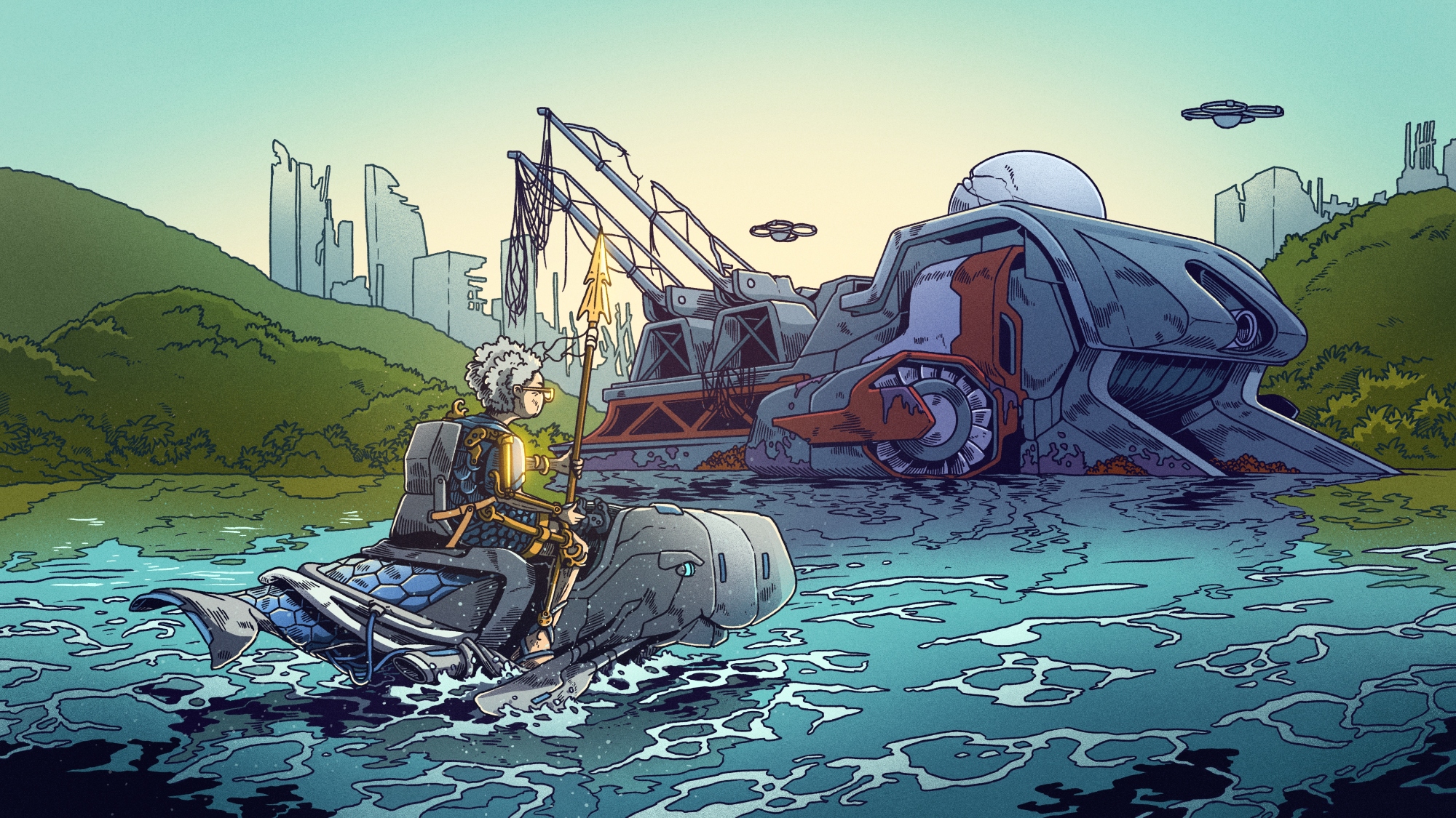 Illustration of an elderly woman sitting on a mechanical dugong in the water. She wears elaborate armor and holds a spear, waiting to attack a large trawler ship.