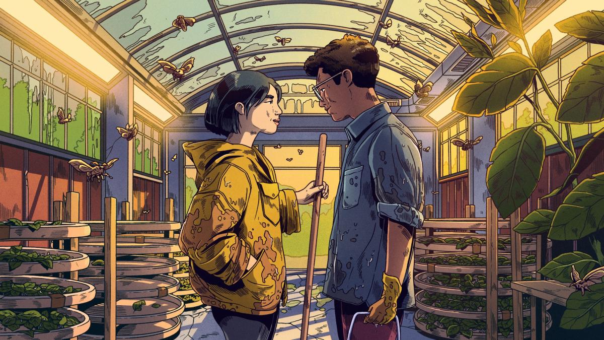 Illustration shows an Asian woman and a Latino man wearing dirt-covered work clothes, looking into each other's eyes. They are standing in a shed filled with round trays of green leaves and white worms, and white moths fly around their heads.