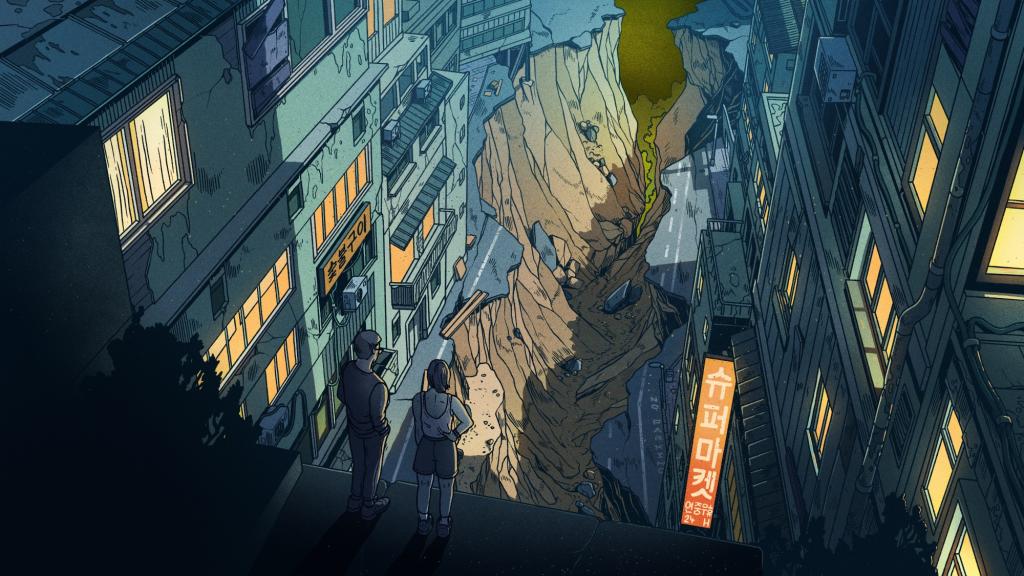 Illustration shows two people looking out over a rundown city street with neon Korean signs and a deep ravine running through the center