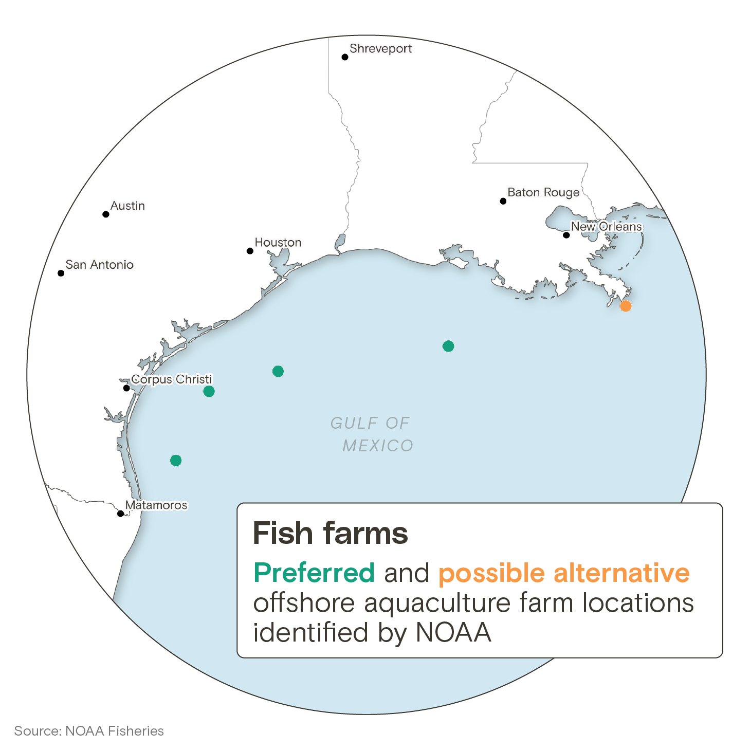 A locator map showing four preferred and one possible alternative offshore aquaculture farm locations in the Gulf of Mexico (as identified by NOAA). The alternative location is off the southeast coast of LA, while the preferred locations are off the east coast of TX.