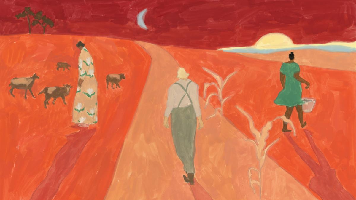 An illustration of three people -- a woman with goats, a person with suspenders and a sun hat, and a woman in a blue dress near yellow plants -- under a darkening sky with moon and sunset