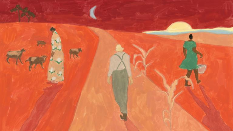 An illustration of three people -- a woman with goats, a person with suspenders and a sun hat, and a woman in a blue dress near yellow plants -- under a darkening sky with moon and sunset