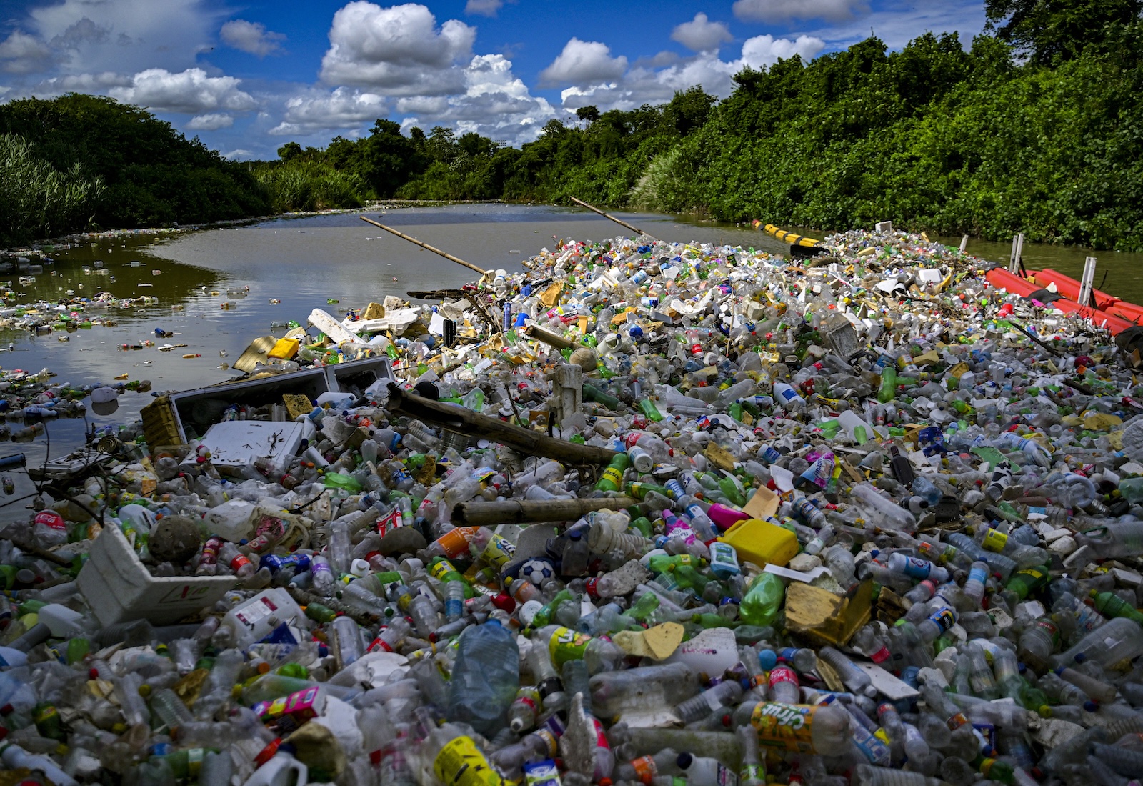 Plastic pollution clogging a river, with trees in background