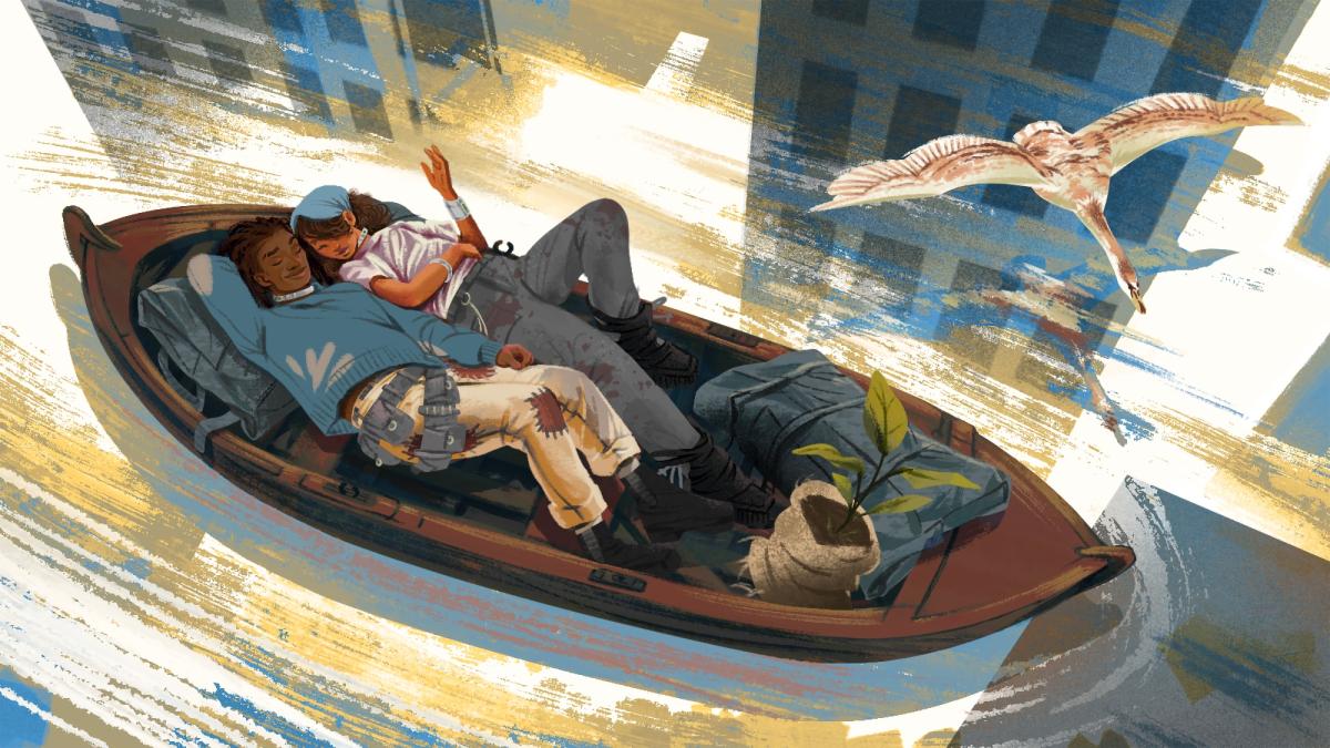 Illustration of two young people lying in a canoe floating on the water. A green sprouting plant is in the corner of the canoe and reflections of buildlings are visible in the water. Their clothes are ragged and dirty, but their faces are serene and content.