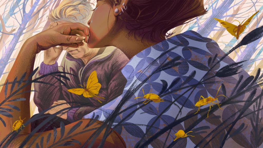 Illustration shows a young woman and an older man sitting near each other, surrounded by vegetation and insects. Their expressions and pose suggest worry or tension.