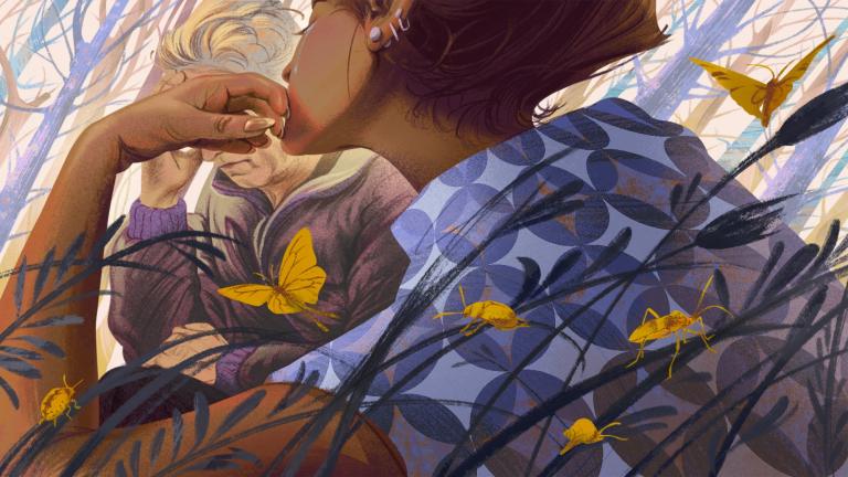 Illustration shows a young woman and an older man sitting near each other, surrounded by vegetation and insects. Their expressions and pose suggest worry or tension.
