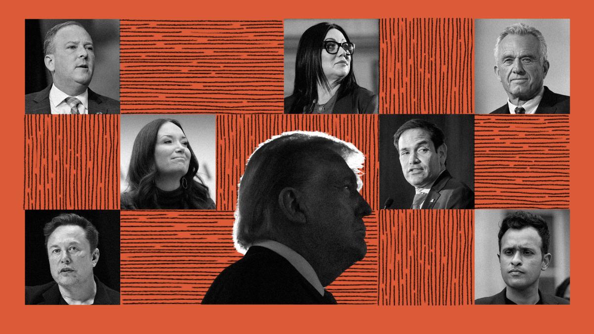 A stylized collage of the faces of people nominated to Donald Trump's cabinet