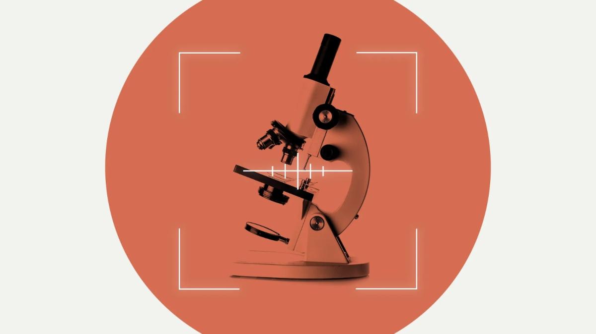 A stylized illustration of a microscope set in a gun's crosshairs