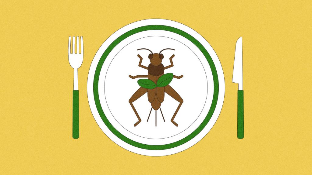 Illustration of a cricket, garnished with basil, on a dinner plate