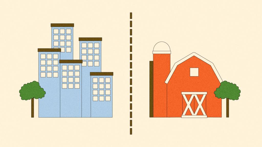Illustration of skyscrapers and farm divided by dotted line