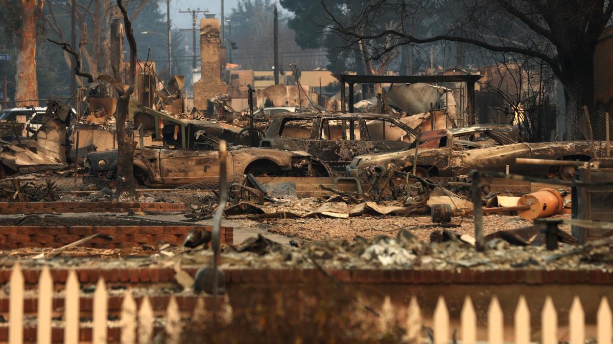 The wreckage of a burned home in the aftermath of the Eaton Fire, which destroyed more than 7,000 structures in the Altadena area of Los Angeles, California.