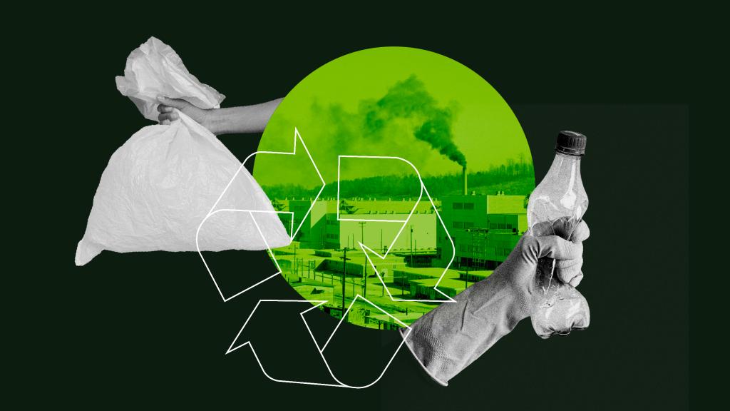 Collage showing a hand holding a plastic bag, another hand crushing a bottle, the recycling symbol, and a petrochemical facility.