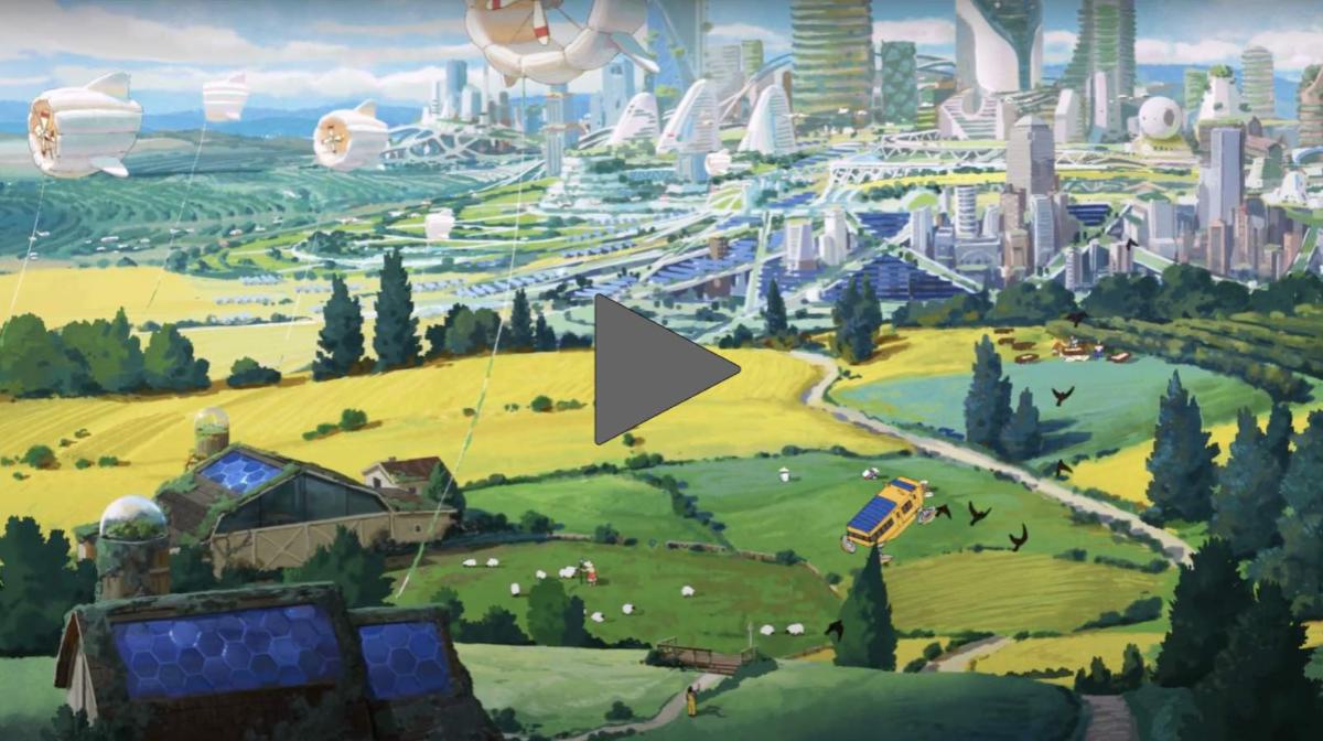 Screenshot of a Chobani commercial shows rolling green farmland and in the background a city with skyscrapers