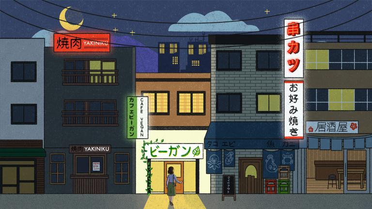 An illustration of a Japanese street with many restaurants and a vegan restaurant in the center