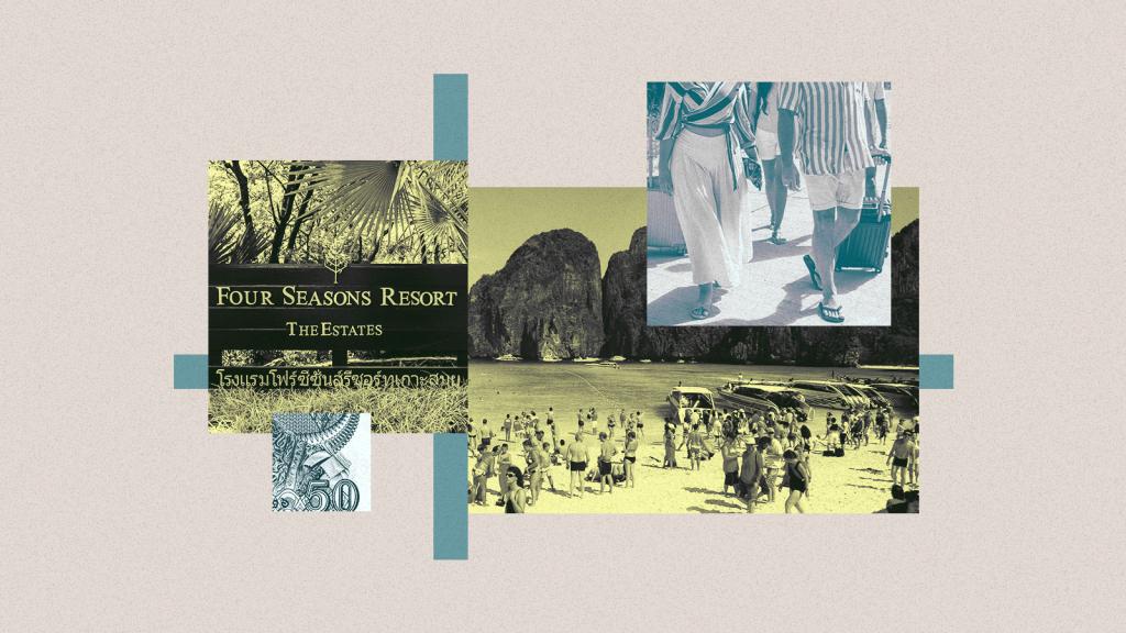 Collage of the Four Seasons Resort in Koh Samui, Maya Beach, tourists walking with suitcases, and a Thai banknote