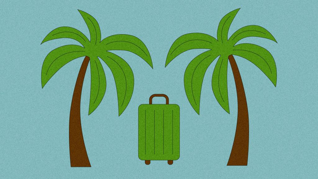Illustration of suitcase between two palm trees