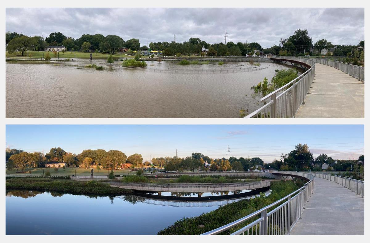 Two stacked photos show a park with a walkway totally submerged in water and the tops off bushes just visible, then the same park with the walkway and plants fully above water.