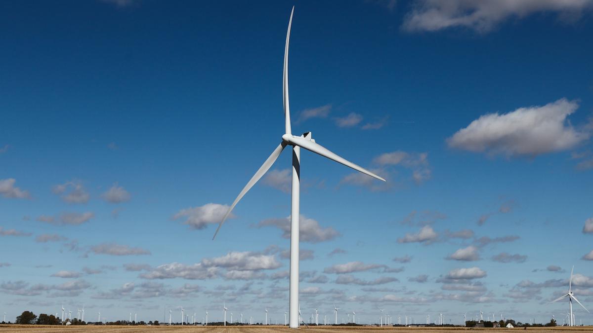A wind turbine shown in a filed outside Chicago.