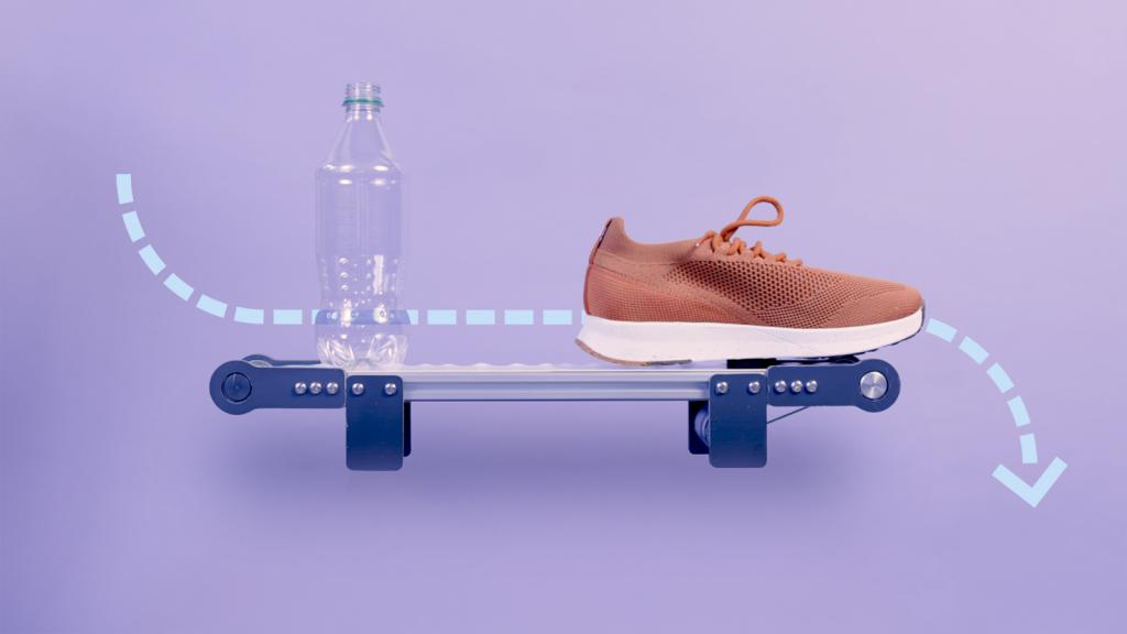 A photo illustration shows a plastic water bottle and a shoe on a conveyer belt.