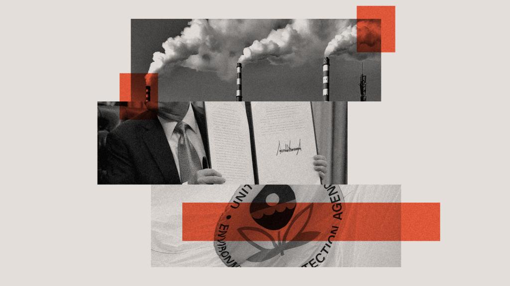 Digital collage of President Trump, smokestacks, and the EPA logo