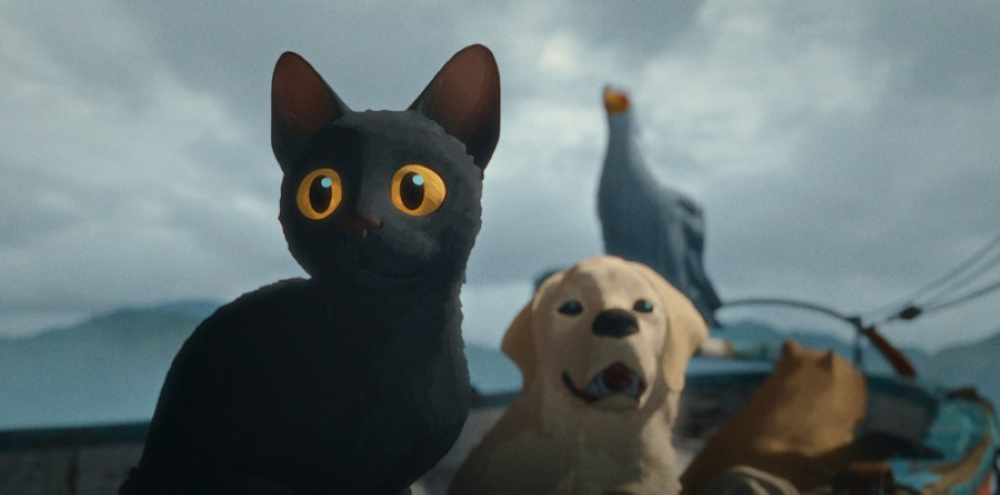 A movie still of an animated cat, dog, and bird