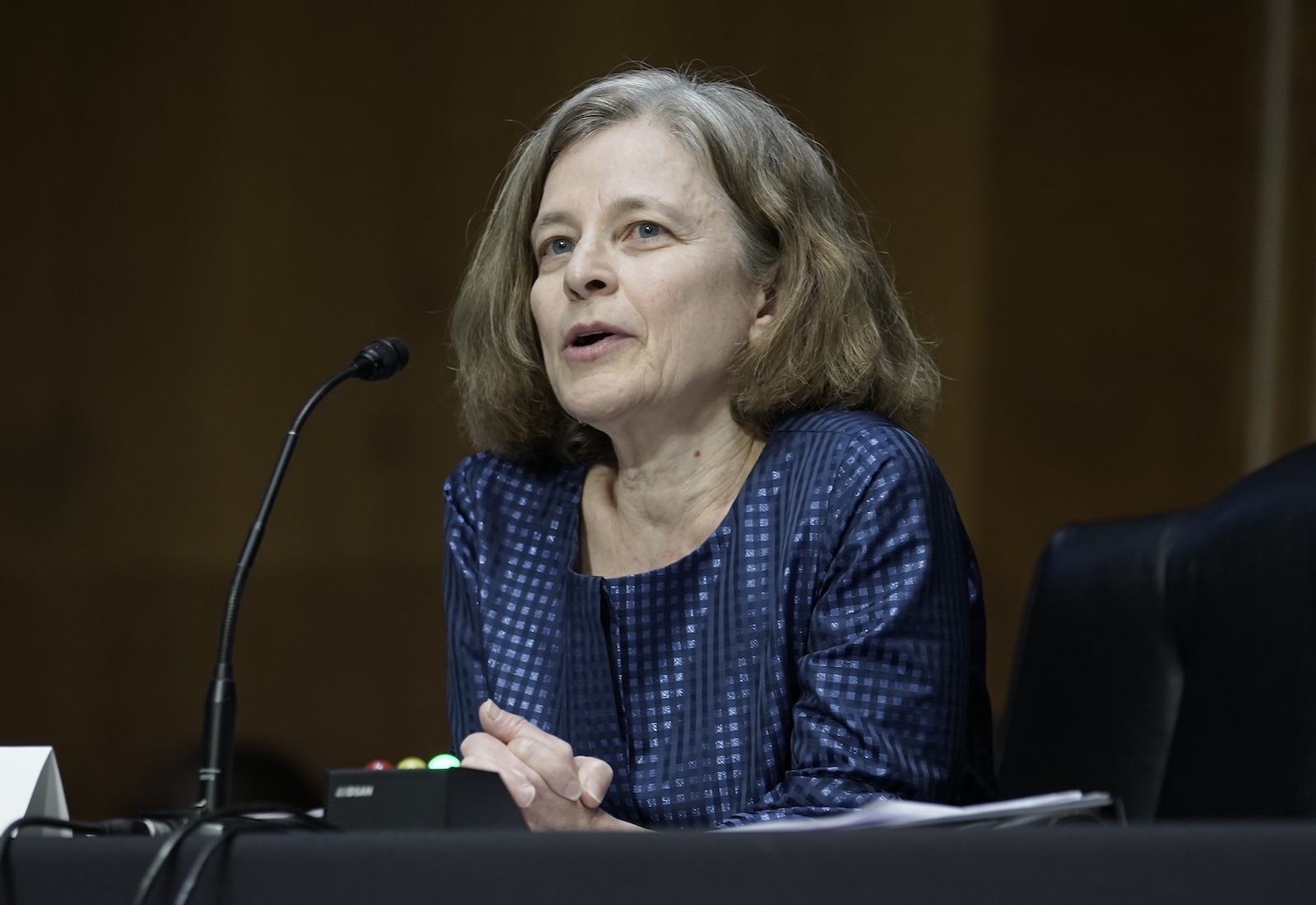 Sarah Bloom Raskin leans into a microphone.