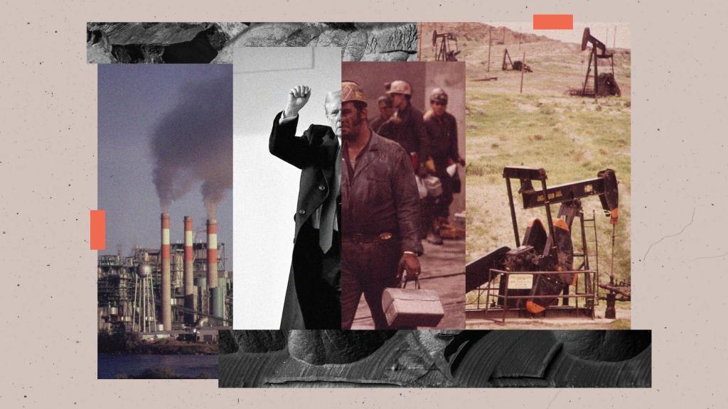 digital collage of smokestacks, Donald Trump, a coal miner, and oil pumpjacks