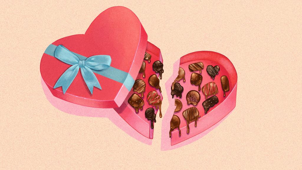 illustration of a box of melting chocolates in the shape of a broken heart