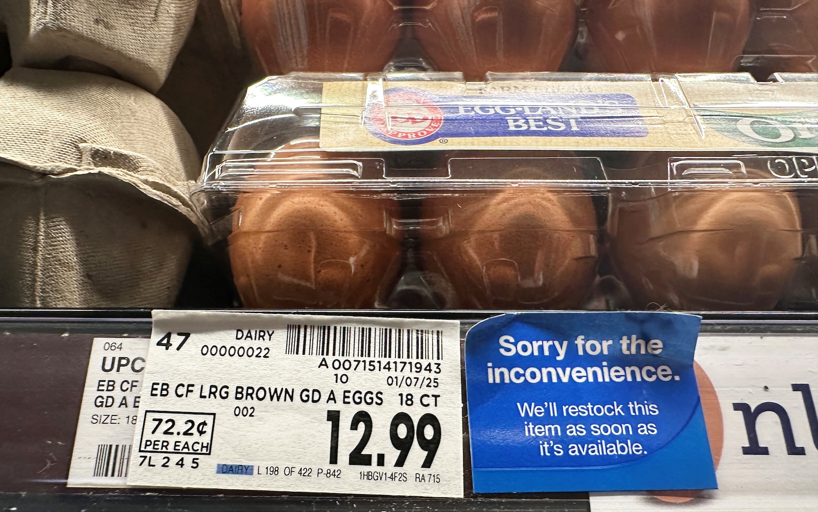 close-up of a carton of eggs priced at $12.99 at the grocery store