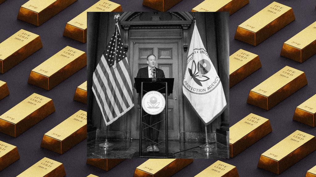 EPA Administrator Lee Zeldin speaking at a podium with a background of gold bars
