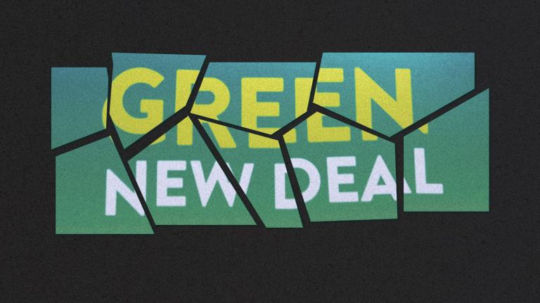 a shattered green new deal sign