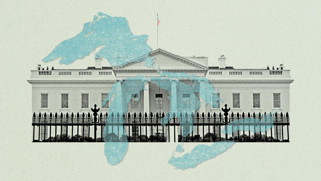digital collage of the White House and silhouette of the Great Lakes