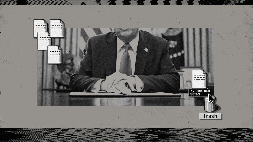 digital collage of photo of President Trump at a desk with digital documents and a digital trash can