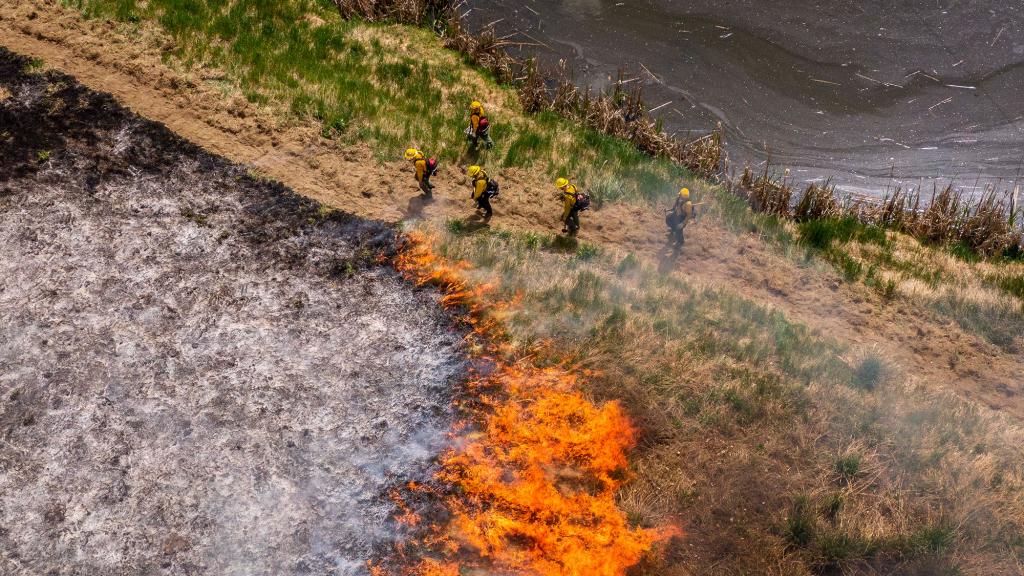 Aerial photo of volunteer firefighters burning a field