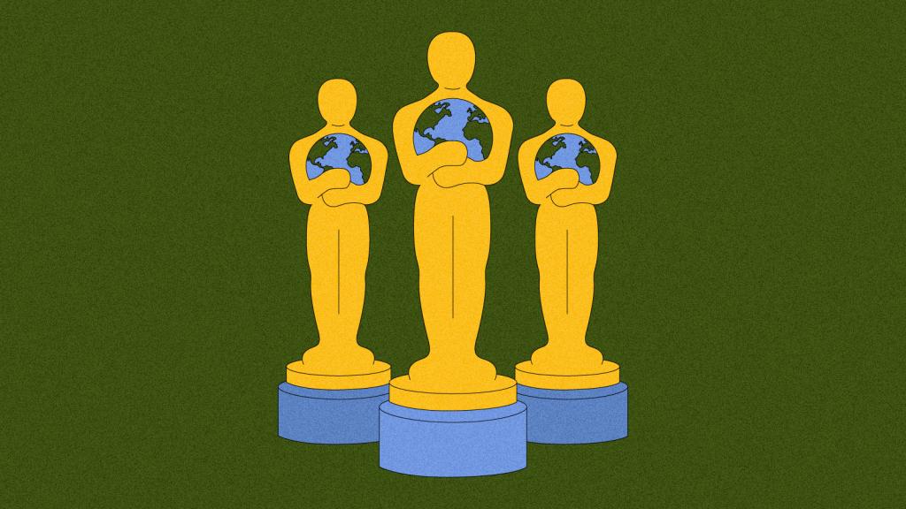 Illustration of three Oscar statuettes holding earths
