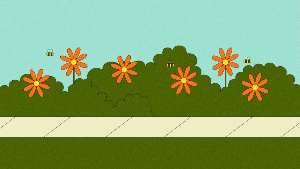 Illustration of bushes, flowers, and bees next to sidewalk