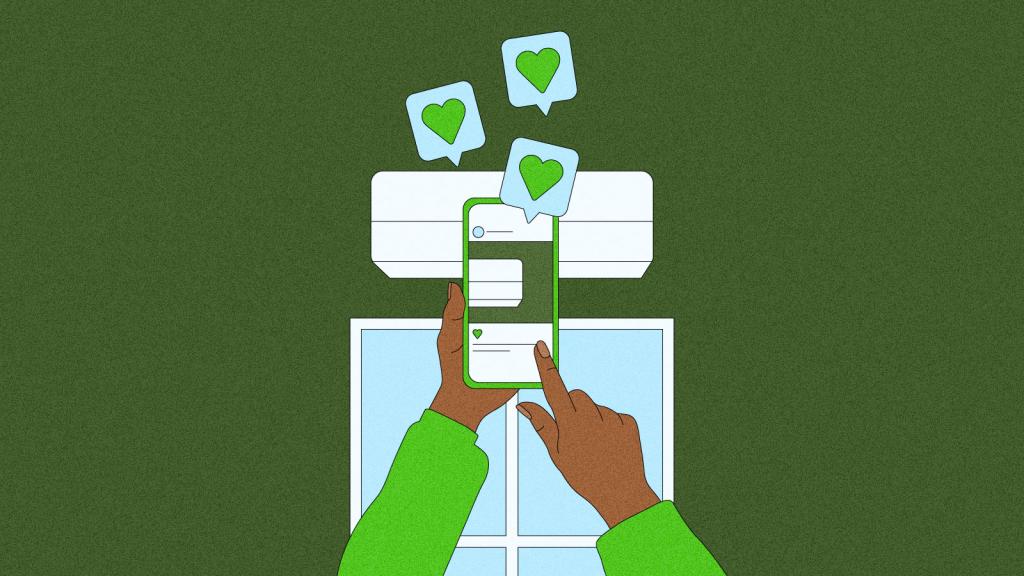 Illustration of hands holding a phone showing a social media post of a heat pump