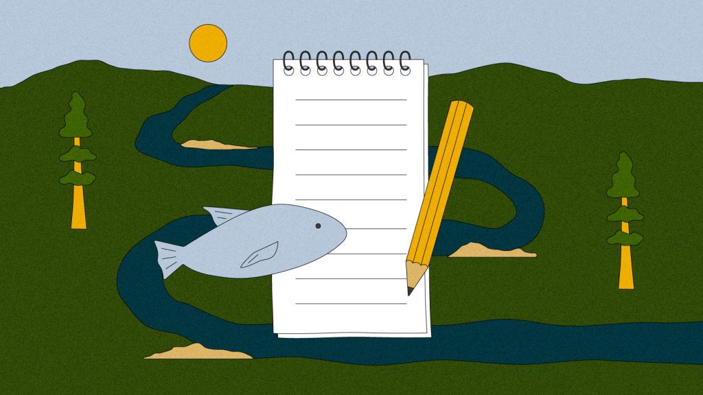 Illustration of Klamath basin, reporter's notebook, pencil, and salmon