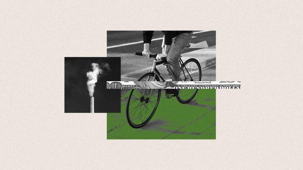 Collage of cyclist riding in bike lane, dollar bill, and smokestack