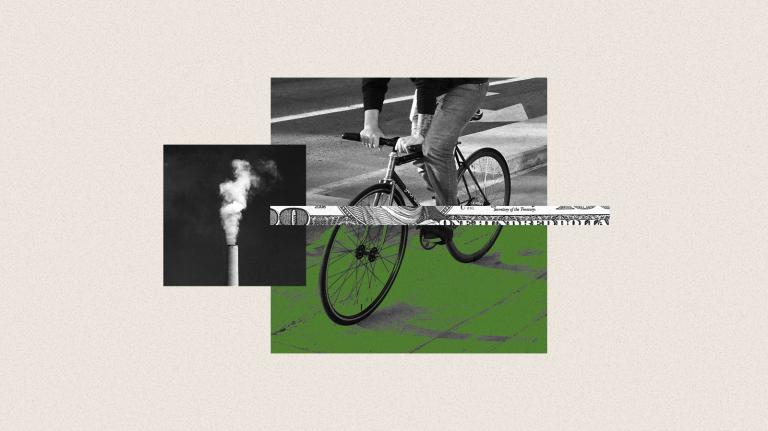 Collage of cyclist riding in bike lane, dollar bill, and smokestack