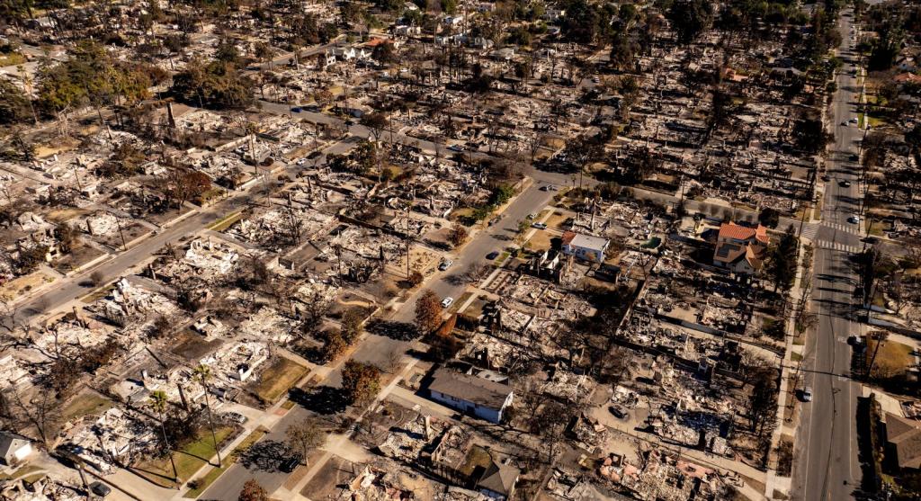 an aerial view of half a dozen neighborhood blocks blackened and razed by fire damage