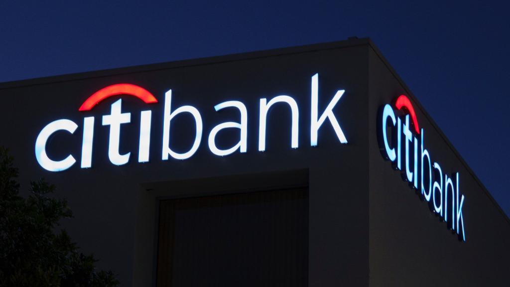 The Citibank logo on a bank building in San Diego, California.