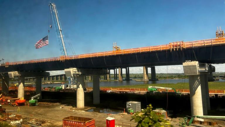 Roadwork and construction on highway overpass in New Jersey
