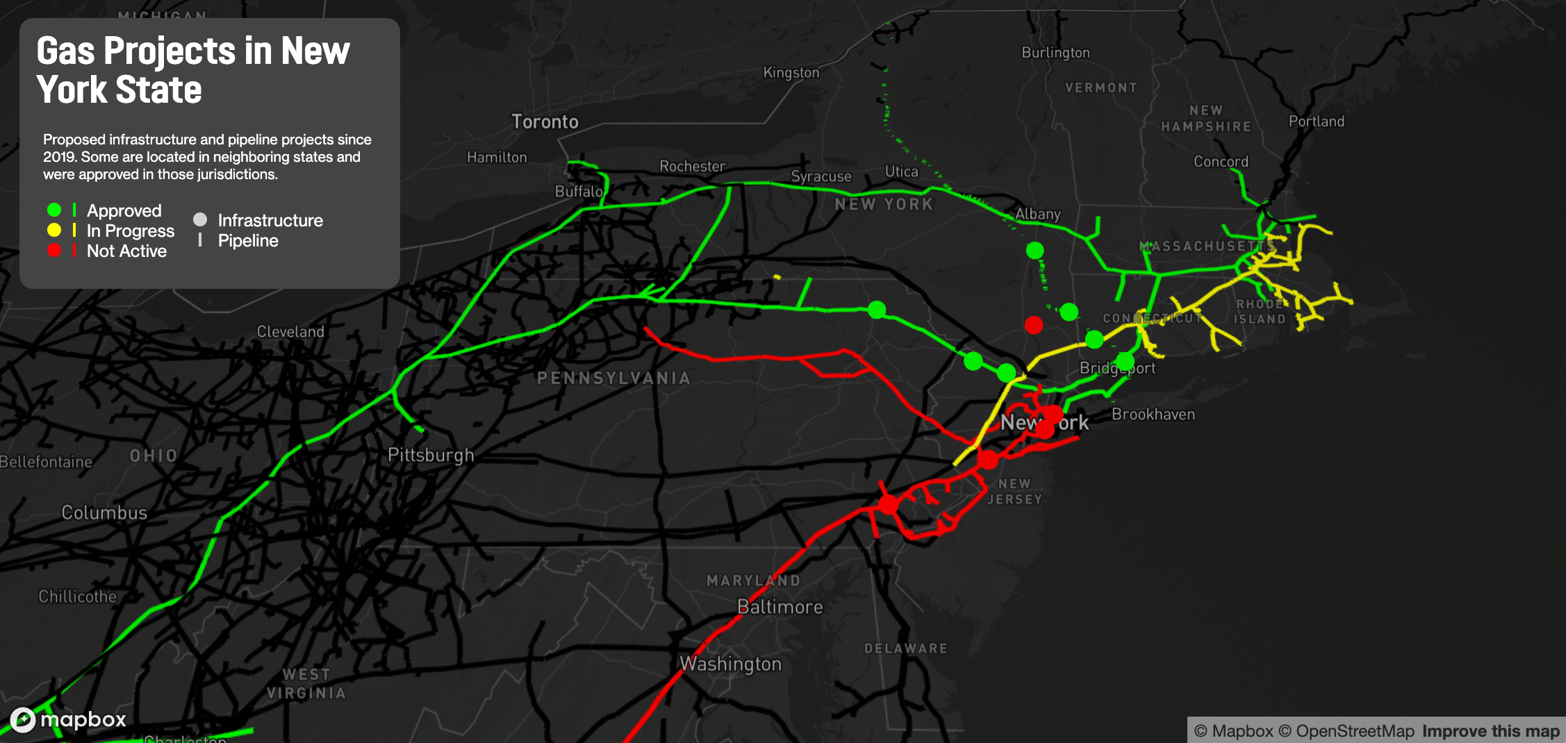 A map of the northeast US with gas projects running through the states