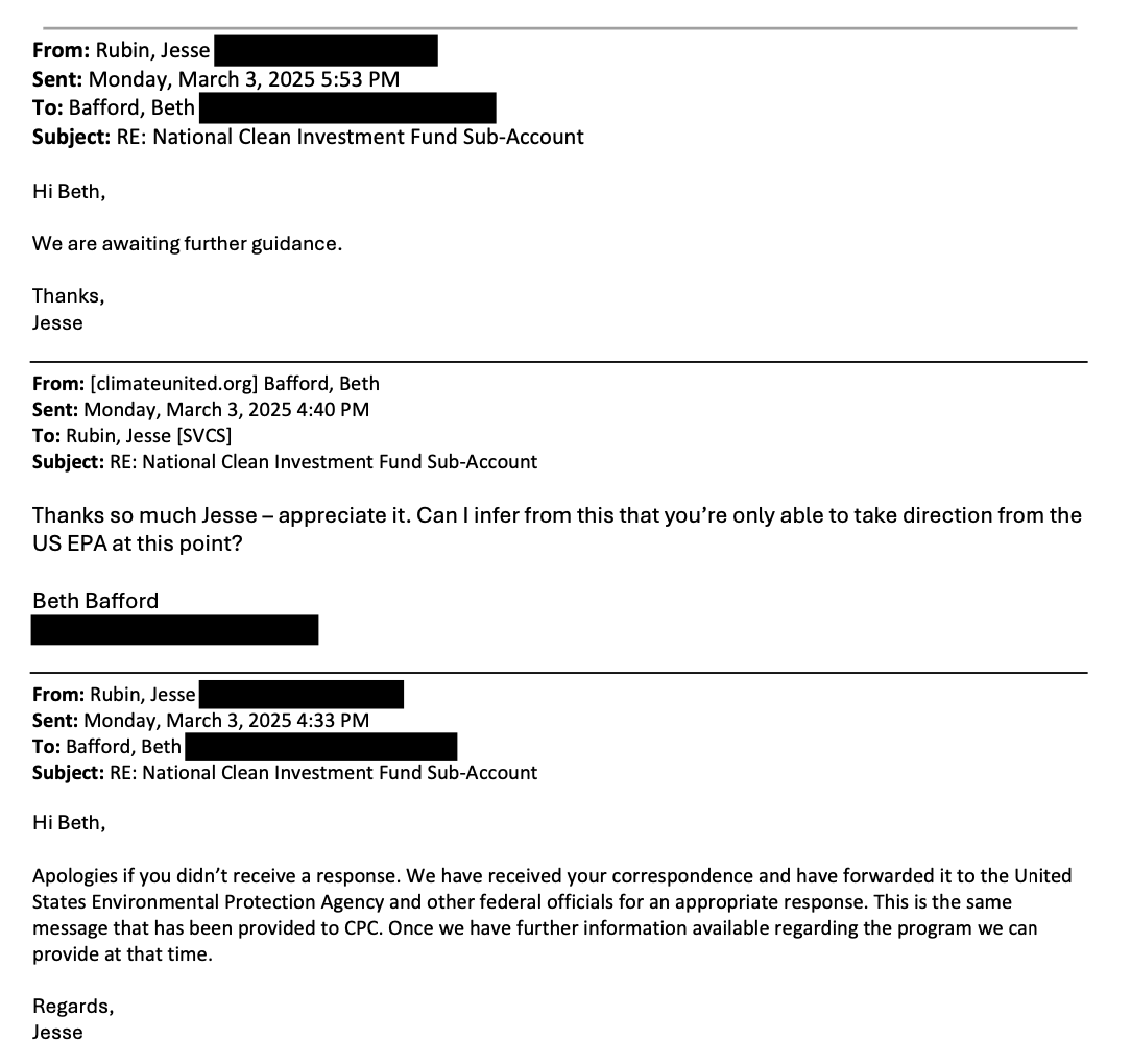 Email correspondence between Beth Bafford of Climate United Fund and a representative from Citi regarding Climate United's $7 billion grant. Citi has allegedly refused to release money according to its contract with Climate United.