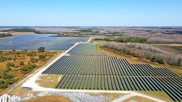 A sea of solar panels stretches out on a flat field